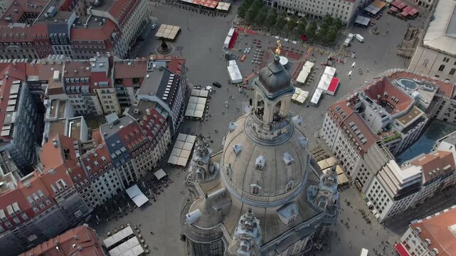 Aerial view of Dresden Frauenkirche and Neumarkt square