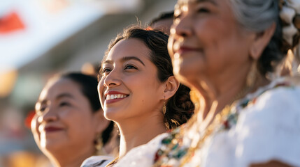 Obraz premium Cheerful Hispanic Women Celebrating Dia de La Raza Together During a Vibrant Cultural Festival