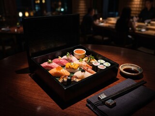 Fototapeta premium Assorted sushi and rolls in black bento box at dark restaurant setting.