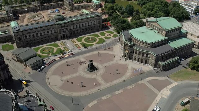 Aerial drone view of Theaterplatz and Semperoper in Dresden Germany