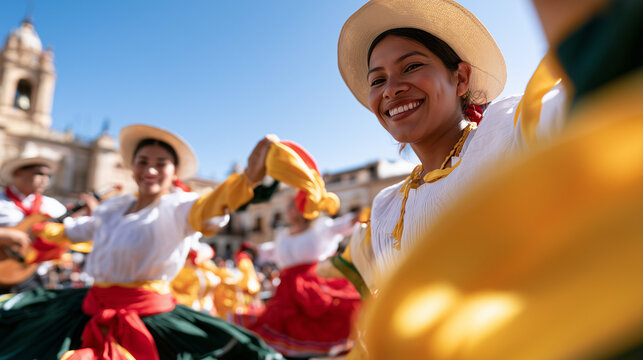 Joyful Dancers Celebrate Dia de La Raza with Traditional Peruvian Folk Costumes in Sunny Plaza