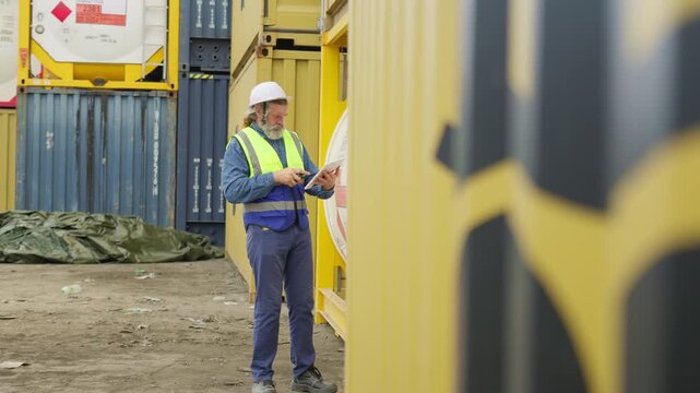 An experienced logistics supervisor inspects cargo using a tablet and communicates via radio to manage operations in a bustling shipping container terminal.
