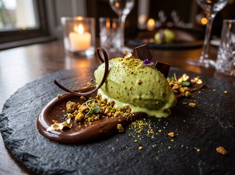 Pistachio ice cream dessert with chocolate swirl on slate plate decor.