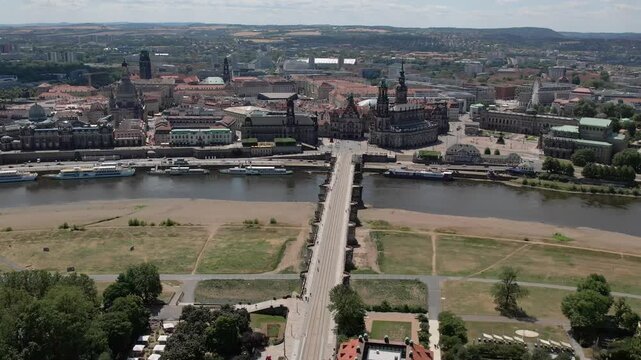 Aerial view of Dresden old town and Augustus Bridge over Elbe