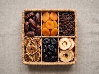 Fototapeta premium Square woven basket filled with various dried fruits for healthy snacks.