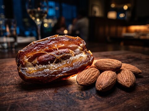 Single pitted date fruit served with almonds on textured wooden table top.