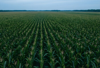 Fototapeta premium Vast green cornfield with rows of maize plants under a cloudy sky, agricultural landscape and farming industry, this agricultural landscape represents the farming industry and the cultivation