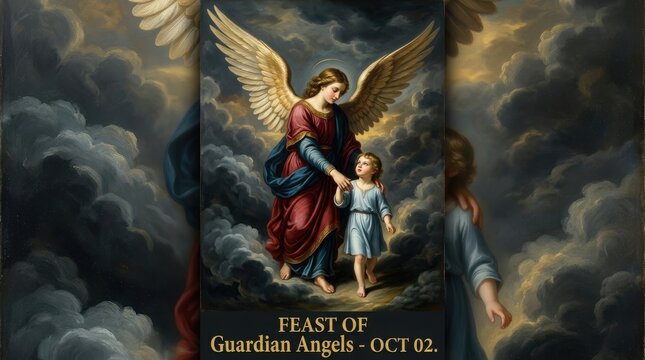 Guardian angel with child depicted in a classical painting with dramatic cloud formations angelic protector seraphim cherub heavenly divine celestial