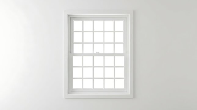 Modern white double hung window with grid muntins on a clean minimalist interior wall