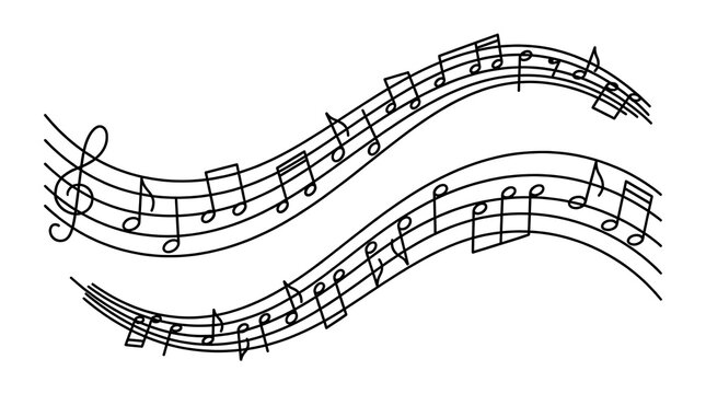 Dynamic musical notes on flowing staff lines for creative music design and melody concepts.