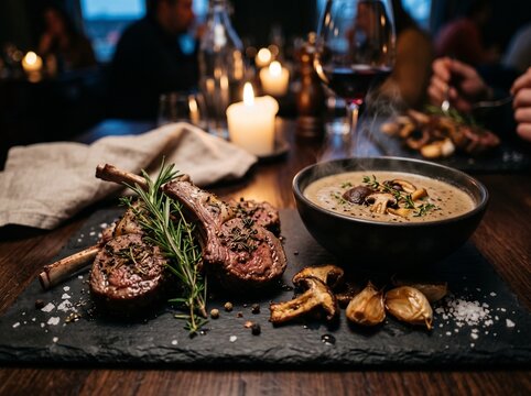 Gourmet rack of lamb with mushroom soup and garlic in dimly lit restaurant.