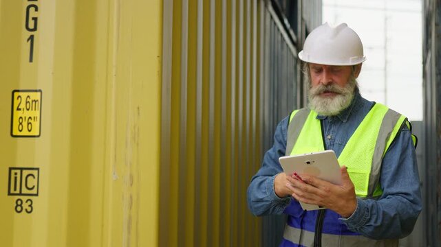 A senior logistics manager communicates on a radio and uses a tablet to coordinate supply chain operations amidst shipping containers at an industrial port.