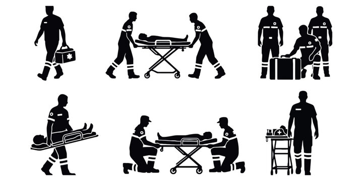 Black silhouettes of paramedics and emergency medical technicians working with stretchers, medical equipment, and patients on a plain white background, for healthcare