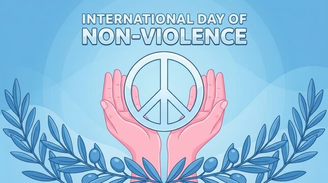 Peace symbol illustration with outstretched hands and olive branches depicts international non violence day peaceful nonviolence harmony conciliation branch foliage