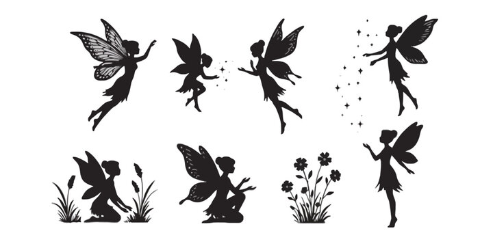 Set of black silhouettes of fairies with wings in various poses, including flying, sitting, and interacting with flowers, isolated on a white background, for fantasy