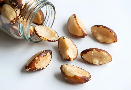 Brazil nuts spilling from a glass jar, healthy snack and superfood concept, rich in selenium and nutrients