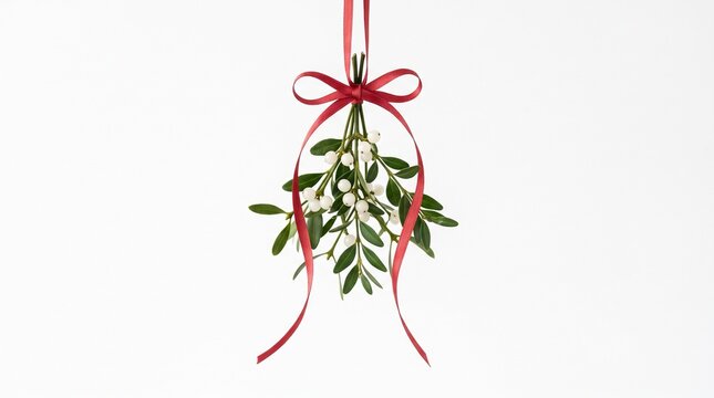Traditional Christmas mistletoe bunch with white berries and green leaves tied with a red ribbon bow, isolated on a white background.