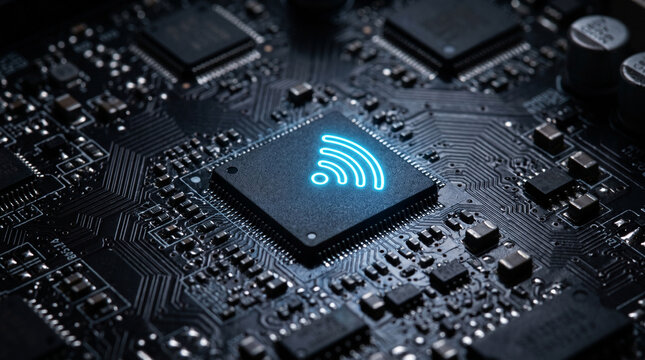 Glowing Wi-Fi symbol on a computer circuit board representing wireless internet technology