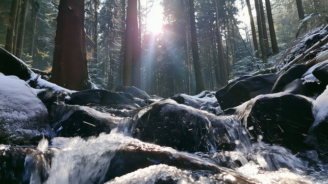  Sunlight pierces through a dense forest, illuminating a rushing stream and falling snowflakes among snowy rocks.