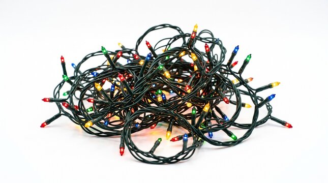Tangled heap of colorful Christmas string lights isolated on white background