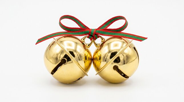 Two Shiny Golden Jingle Bells Tied with Red and Green Striped Ribbon Bow Isolated on White Background
