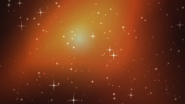 Vibrant orange and brown cosmic background, with glowing light, center and scattered, white stars with, sparkling four-pointed flares