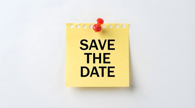 Sticky note with save the date text pinned on a wall