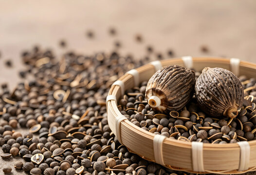 Dried abelmoschus manihot seeds and two seed pods in a bamboo basket, traditional chinese medicine ingredient