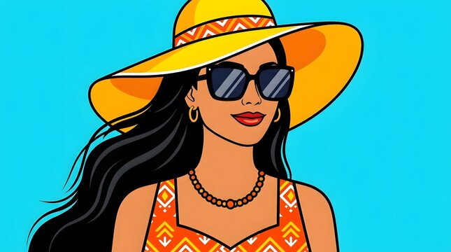 Fashion woman wearing yellow wide brim hat and orange pattern dress isolated on bright turquoise backdrop.