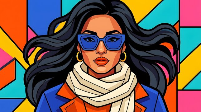 Modern woman portrait with blue glasses and white scarf set against vibrant multi color geometric shapes.