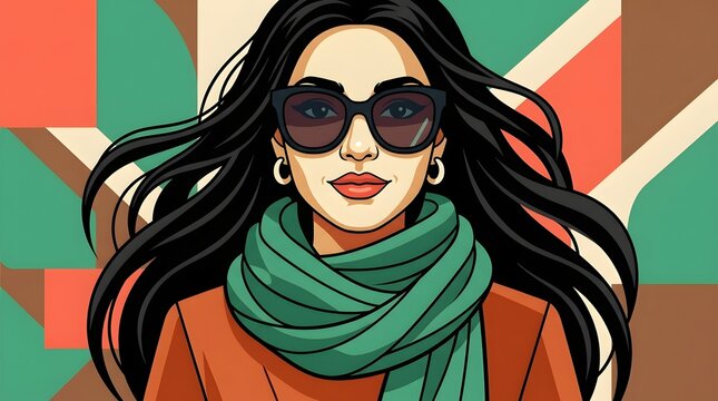 Portrait of smiling woman in green scarf and brown sunglasses over muted geometric background graphics.