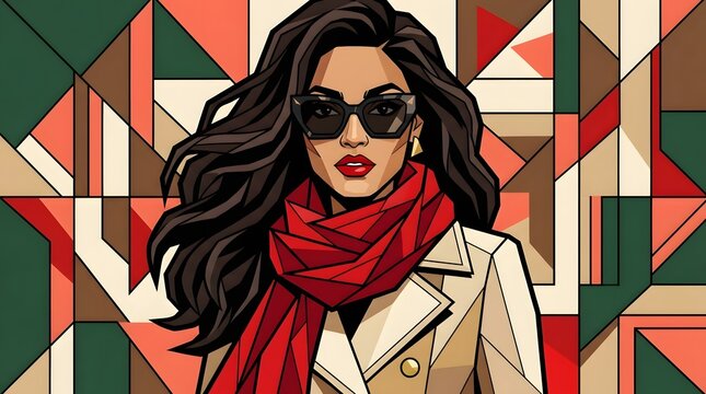 Woman wearing trench coat and red scarf appears in front of geometric background with sharp patterns.