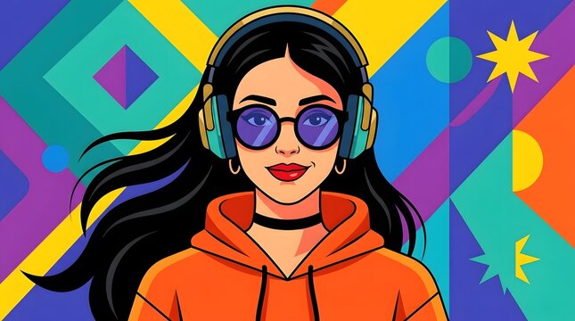 Young lady with headphones and orange hoodie poses before colorful mosaic of shapes and bright hues.