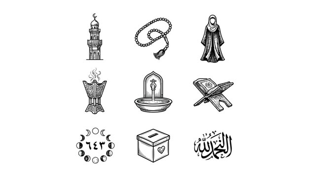 Islamic and ramadan hand drawn linocut icons set featuring minaret prayer beads muslim woman incense burner rehal quran moon phases charity box and arabic calligraphy