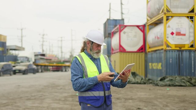 An experienced logistics supervisor coordinates freight operations using a digital tablet and walkie-talkie in a large commercial port with stacked intermodal containers.