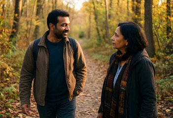 Fototapeta premium Indian man and woman walking on a forest path during autumn, enjoying nature and conversation