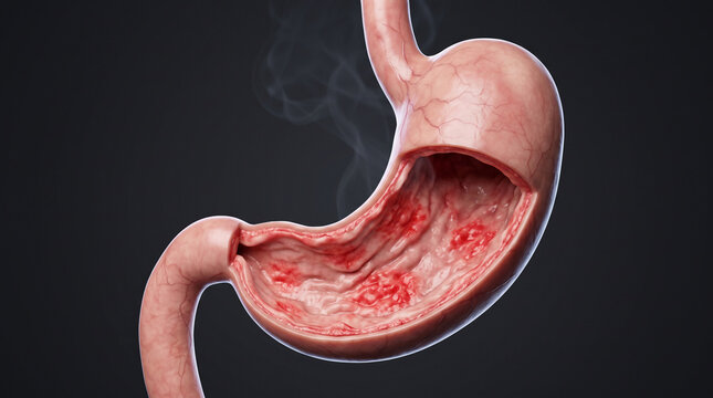 Anatomical cross section of a human stomach showing inflammation and gastric ulcer disease