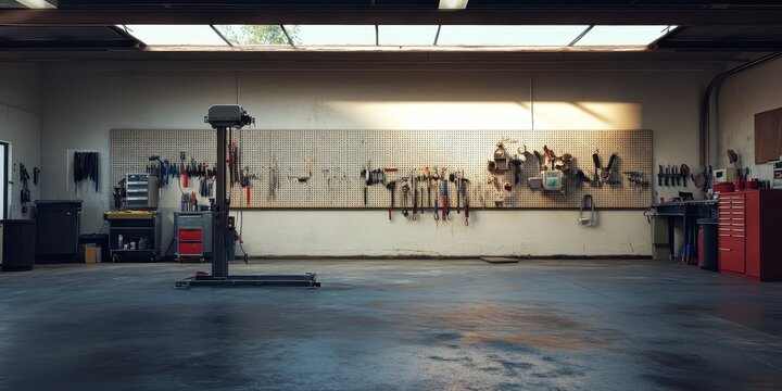 Professional automotive workshop interior with organized tool pegboard wall, usa labor day themed photo realistic photo
