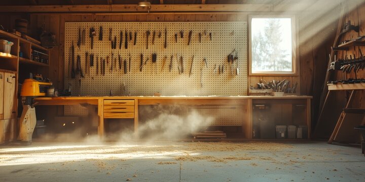 Sunlit woodworking workshop with tools hanging on a pegboard wall, usa labor day themed photo realistic photo