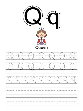 Children's alphabet handwriting practice worksheet for letter Q, featuring uppercase and lowercase Q, dotted letter tracing, handwriting practice lines, and a simple queen illustration. Printable pres