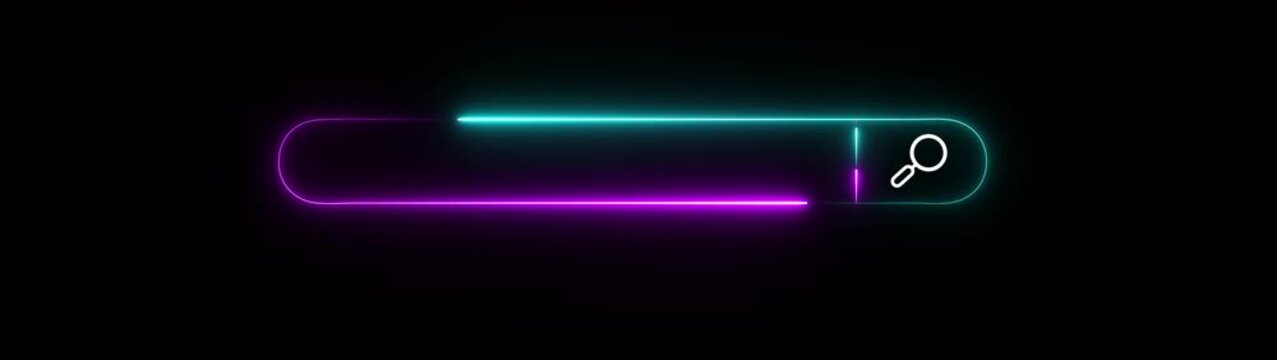 Glowing Neon Purple and Cyan Gradient Search Bar with Magnifying Glass Icon on Black Background Loop Animation