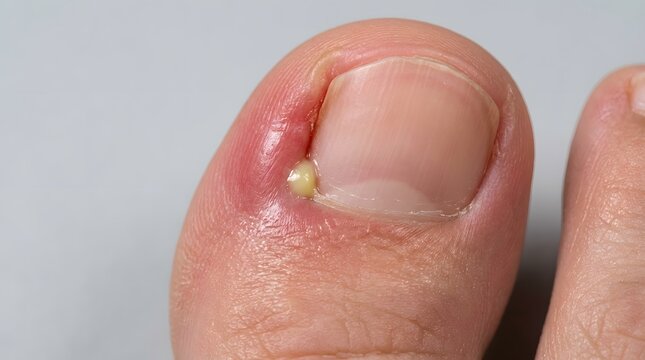 Infected big toe with visible yellow pus pocket shows paronychia and bacterial abscess.