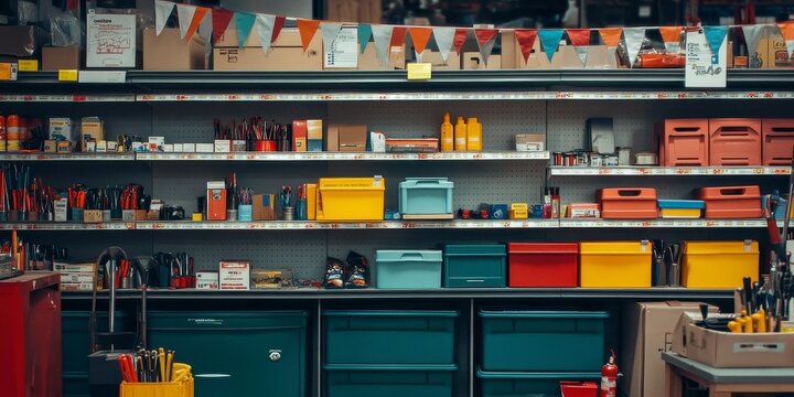 Assorted hand tools and hardware supplies organized on shelves in a hardware store, usa labor day themed photo realistic photo