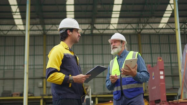 Two industrial workers discuss logistics management, with a senior engineer using a tablet and a colleague holding a clipboard at a busy container shipping yard.