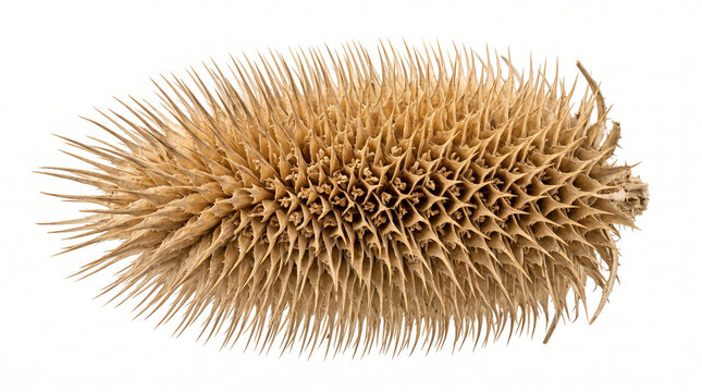 Intricate dried teasel seed head showcasing a dense array of sharp protective spikes