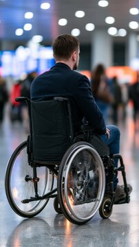 Man in wheelchair traveling through busy airport terminal