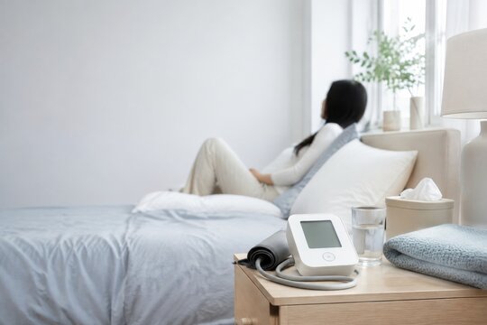 Una mujer sentada en la cama mientras observa la habitaci&oacute;n en un ambiente de luz suave durante el d&iacute;a