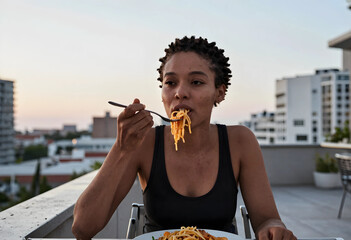 Fototapeta premium Young african american woman eating spaghetti with a fork on a rooftop terrace with city buildings in the background, the city buildings are visible in the background, creating an urban outdoor
