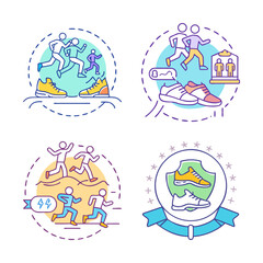 Fototapeta premium Colorful flat icons for health and nature themes - Four cheerful icons showing medical aid, recycling, gardening, and healthy food concepts in a vibrant flat design style.