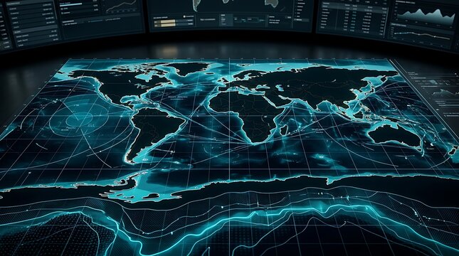 Global submarine internet cables network map glowing blue